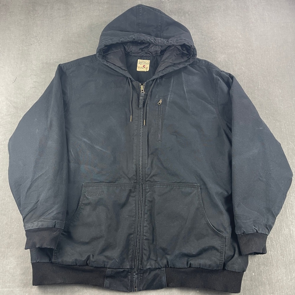 RedHead Mens 2XL‎ Black Canvas Hooded Work Jacket Quilted Lined Bomber